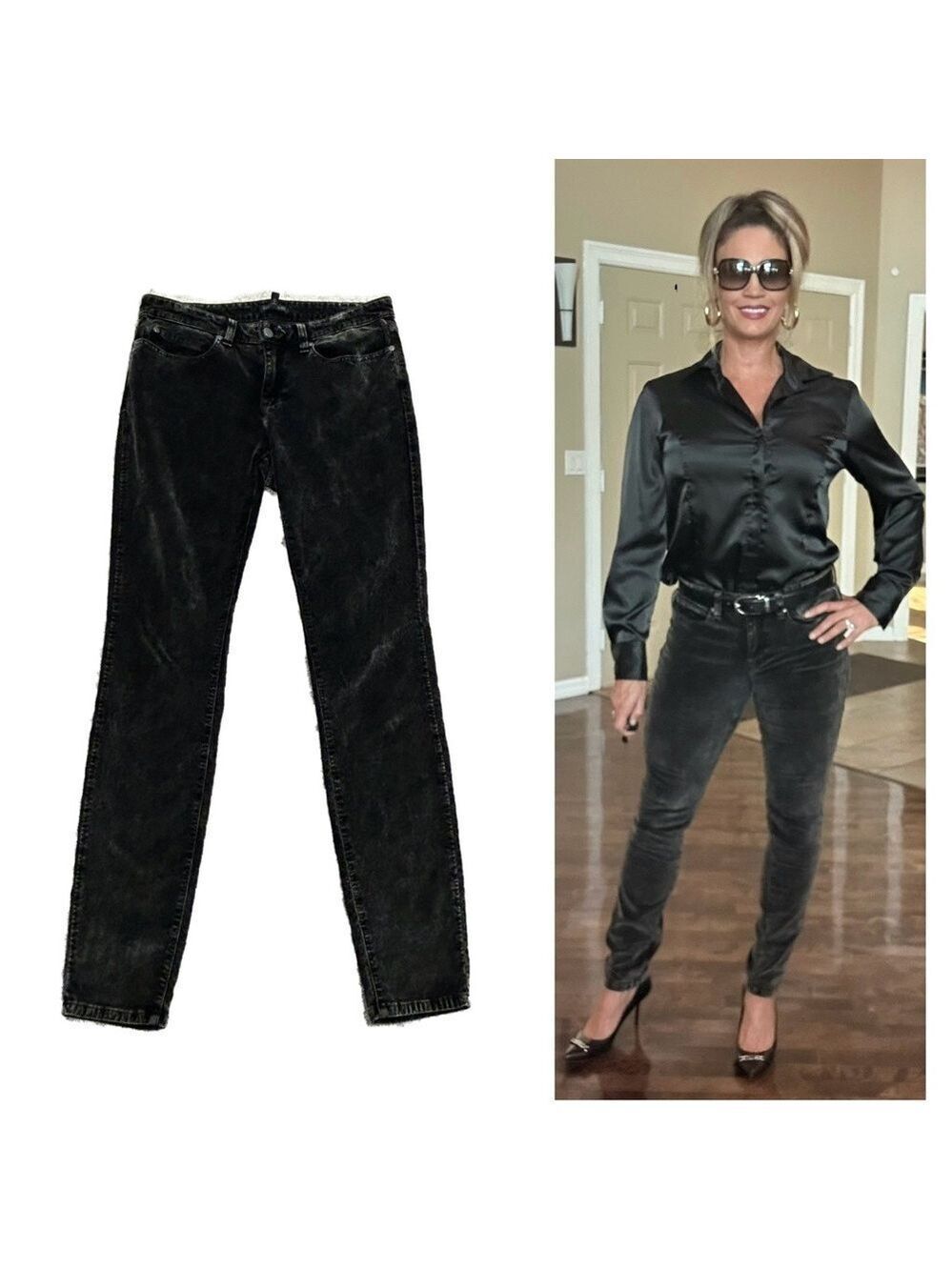 Eileen Fisher black dark brown stone wash acid wash velvet stretchy skinny pants